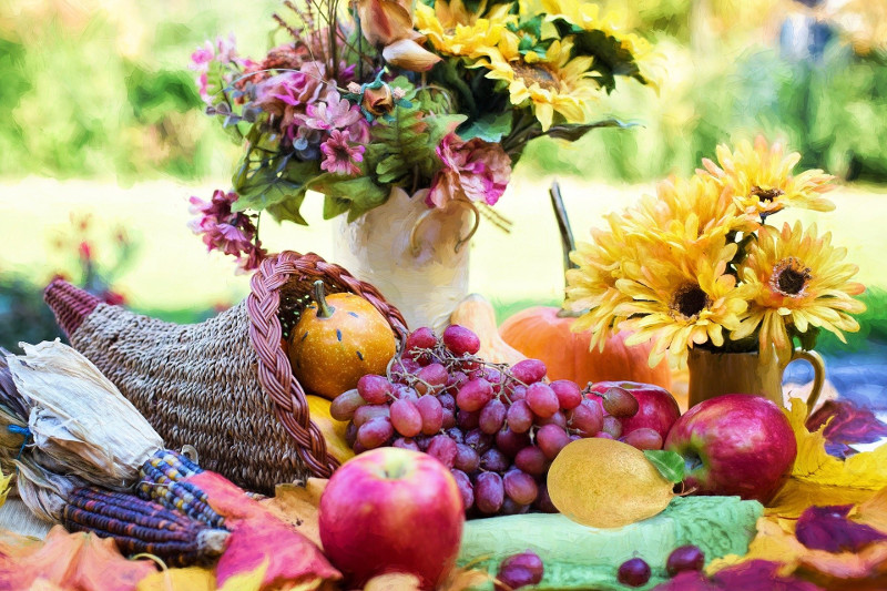cornucopia with fall flowers